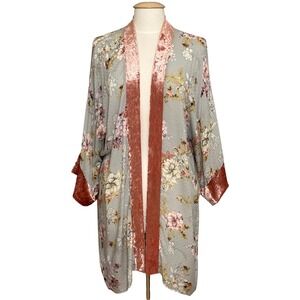 Libby Story Womens Top OS Gray Pink Floral Velvet Trim Kimono Boho Chic Cover Up